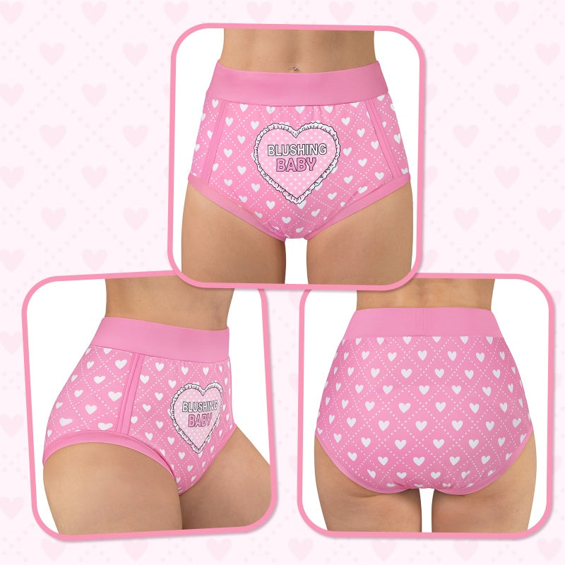 LittleForBig大人用単体で使えるトレーニングパンツ 大人用布おむつパンツ【照れくさいハート】ハイウエスト ウエストバンド 吸収パッド付き 快適・防漏 シルキー素材 介護 洗濯可 ピンク DC332P