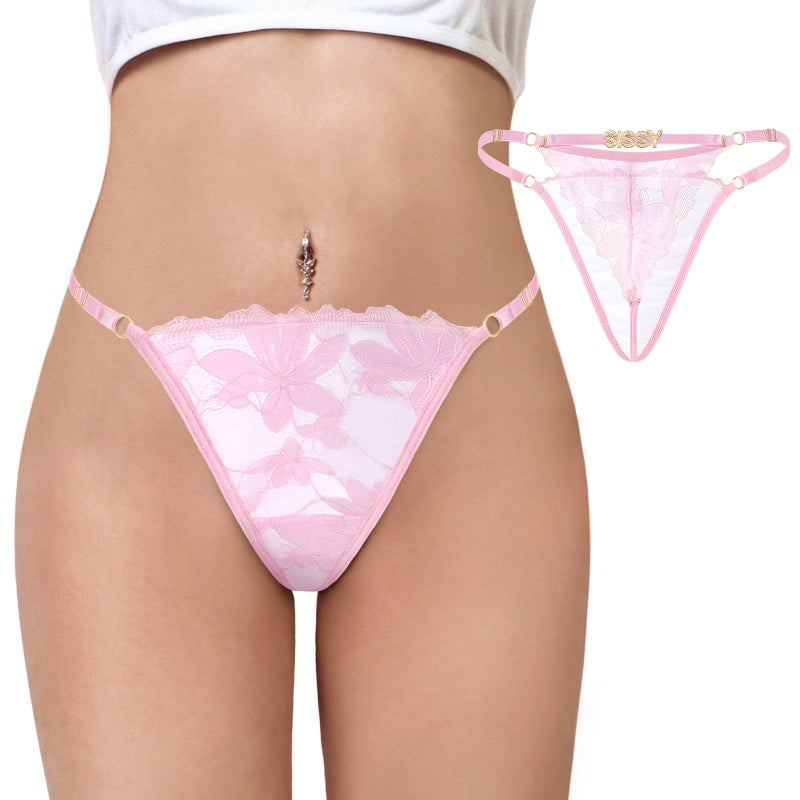 LittleForBigメンズ レースTバックパンティー【花柄ドール風】取り外し可能なラインストーン「SISSY」ベルト 調節可能なウエストバンド 下着 ピンク MUP540P