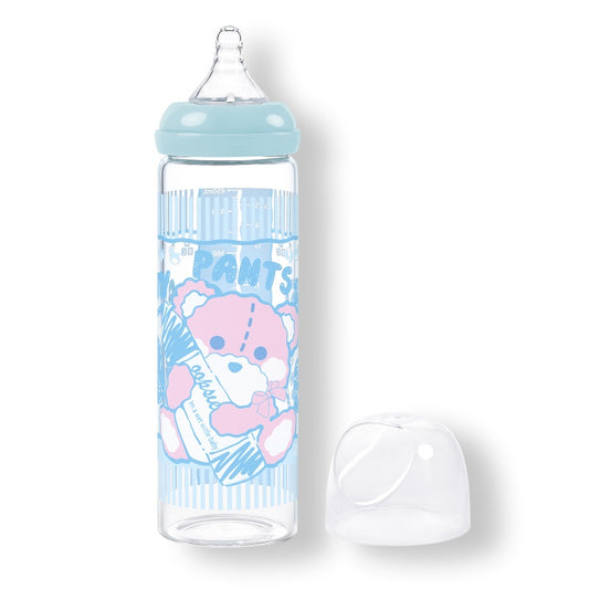 LittleForBig大人用哺乳びん【テディパンツ】防塵蓋付き 大容量450mL 引き換え可能なシリコーンニップル 大人向けグラス哺乳瓶 ブルー BTL06