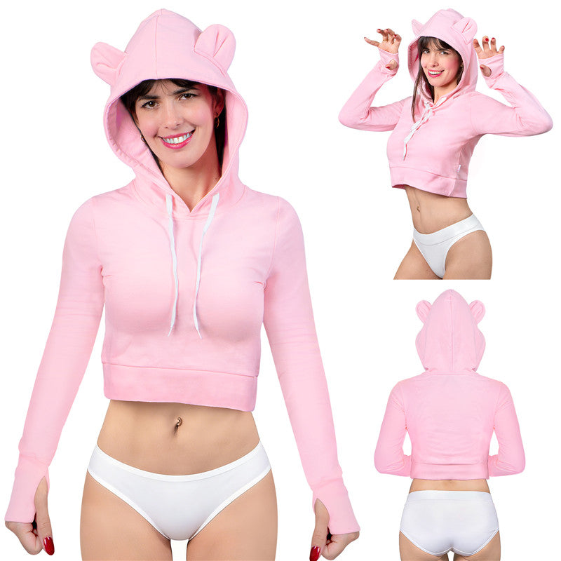LittleForBigレディース 綿クロップドフーディー【ふわふわベアちゃん】パーカー 長袖 サムホール ドローストリング レギュラーフィット ピンク J612P
