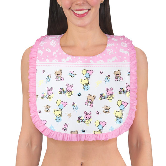 LittleForBig大人用ビブ よだれかけ 大人用スタイ【保育園柄】大判サイズ 防水 フリル付き 面ファスナー式 調節可能 シルキー触感 広め設計 高いカバー力 やわらか素材 快適フィット ピンク B44P