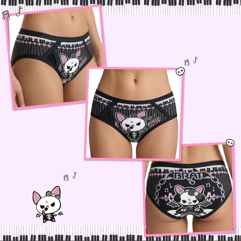 LittleForBig大人用単体で使えるトレーニングパンツ 大人用布おむつパンツ【いたずらなベラちゃんの音楽家】飾り前立て ローレイス 吸収・防漏・通気性 シルキー素材 介護 洗濯可 黒 DC337H