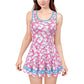 LittleForBigレディース シルキーミニドレス【友たちサメちゃん】総柄 袖なしドレス スカート 丸ネック 隠しジッパー ピンク 336P