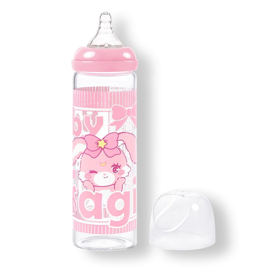 LittleForBig大人用哺乳びん【うさぎちゃん】防塵蓋付き 大容量450mL 引き換え可能なシリコーンニップル 大人向けグラス哺乳瓶 ピンク BTL08