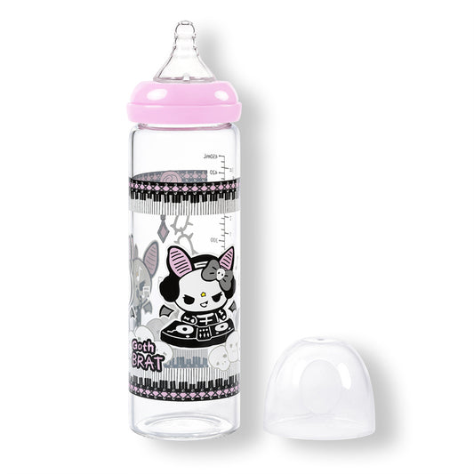 LittleForBig大人用哺乳びん【いたずらなベラちゃんの音楽家】ハロウィン ゴシック風哺乳びん 防塵蓋付き 引き換え可能なシリコンニップル 大人向けグラス哺乳瓶 黒 BTL05