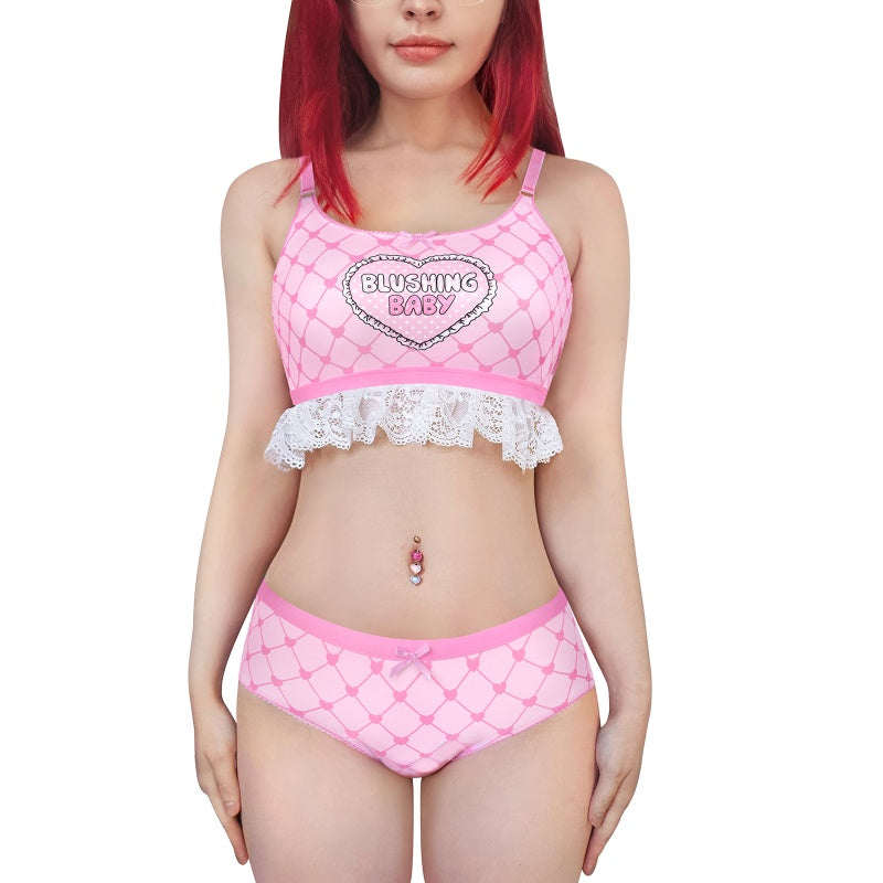 LittleForBigレーディス レース飾りブラレット2点セット【照れくさいハート柄】格子縞キャミソールとパンティー 調整可能なストラップ スベスベシルキー触感 ピンク UT275P