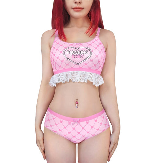 LittleForBigレーディス レース飾りブラレット2点セット【照れくさいハート柄】格子縞キャミソールとパンティー 調整可能なストラップ スベスベシルキー触感 ピンク UT275P