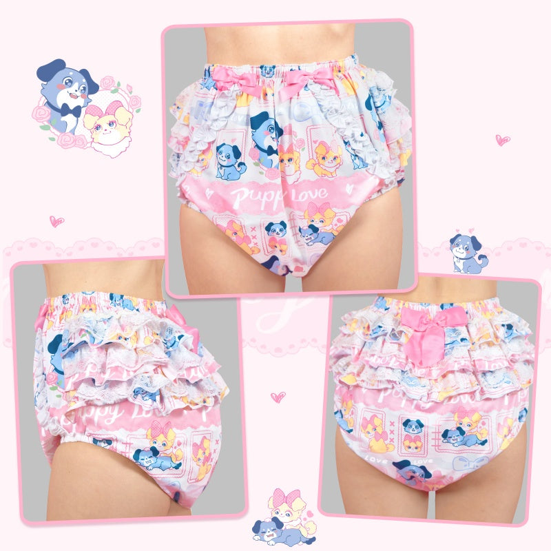 LittleForBig大人用シルキーおむつカバー【あおちゃんの恋い物語】バックに3層重ねレースフリル 大きなリボン飾り ストレッチウェストで快適 防水・漏れ防止 洗濯可 ピンク DC208P