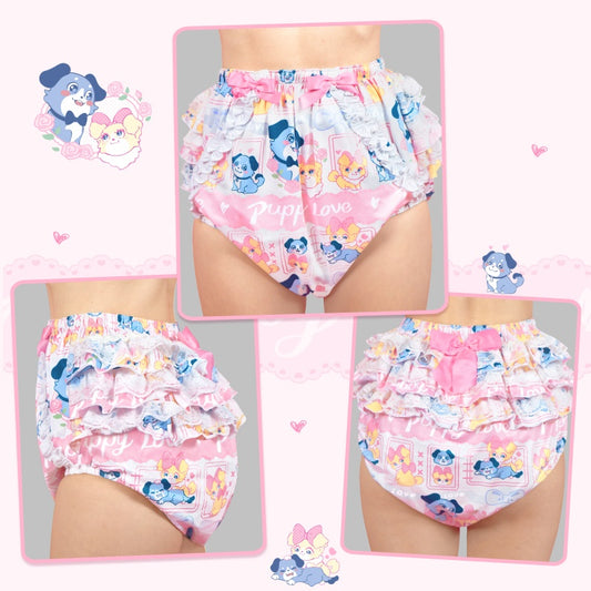 LittleForBig大人用シルキーおむつカバー【あおちゃんの恋い物語】バックに3層重ねレースフリル 大きなリボン飾り ストレッチウェストで快適 防水・漏れ防止 洗濯可 ピンク DC208P