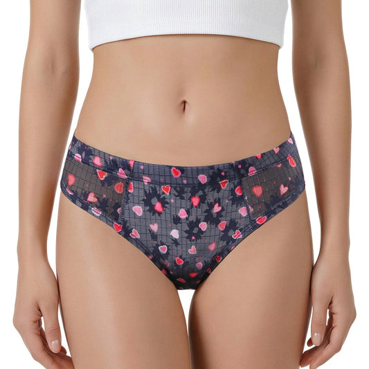 LittleForBigメンズ Tバックパンティー タッキングギャフ ブラジリアンチーキー【ピンクのハート柄】下着 シェイプブリーフ スムース柔軟メッシュ ダークブルー MUP530-C10