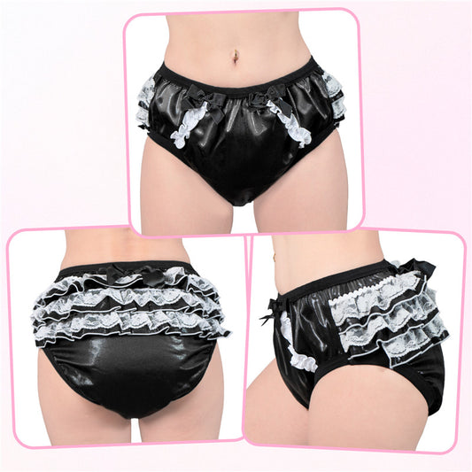 LittleForBig大人単体で使えるトレーニングパンツ キラキラ光る【お姫様スカート】バックに3層重ねレースフリル 大きなリボン飾り ストレッチウェスト 防水・漏れ防止 洗濯可 黒 DC317H