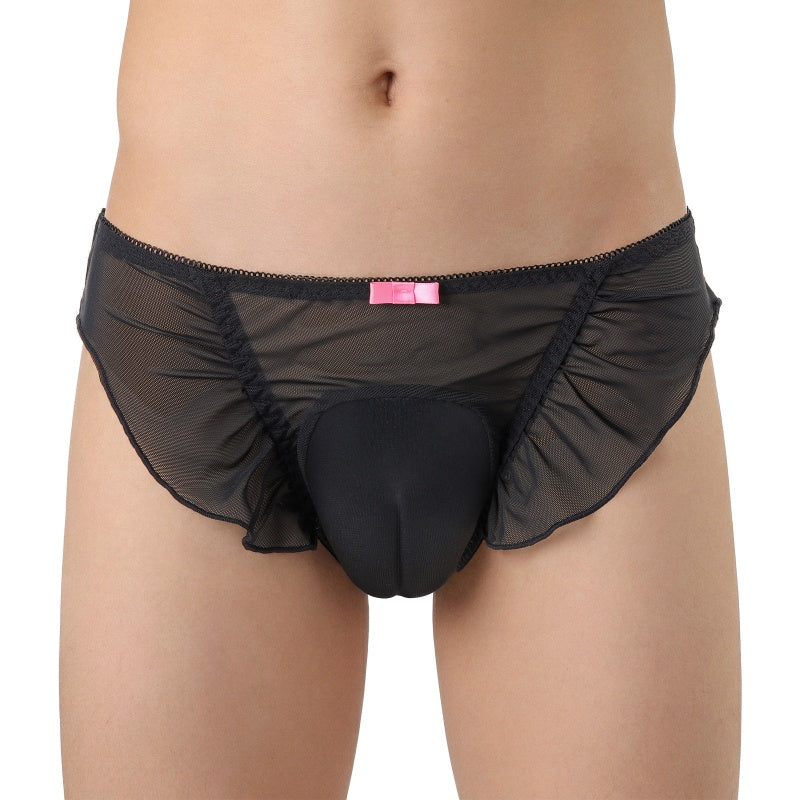 LittleForBigメンズ メッシュパンティー チュール下着 レースフリルとリボン飾り キャメルつま先隠し シースルー ローライズ 透け感 通気性 黒 MUP547H