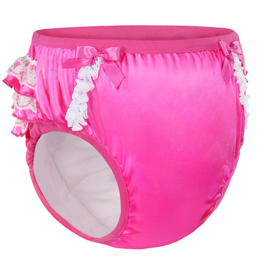 Littleforbig大人単体で使えるトレーニングパンツ 光沢サテン【お姫様スカート】蝶結びとフリル付き 吸収・防漏・通気性 ストレッチウェストで快適 洗濯可 ローズ DC302F