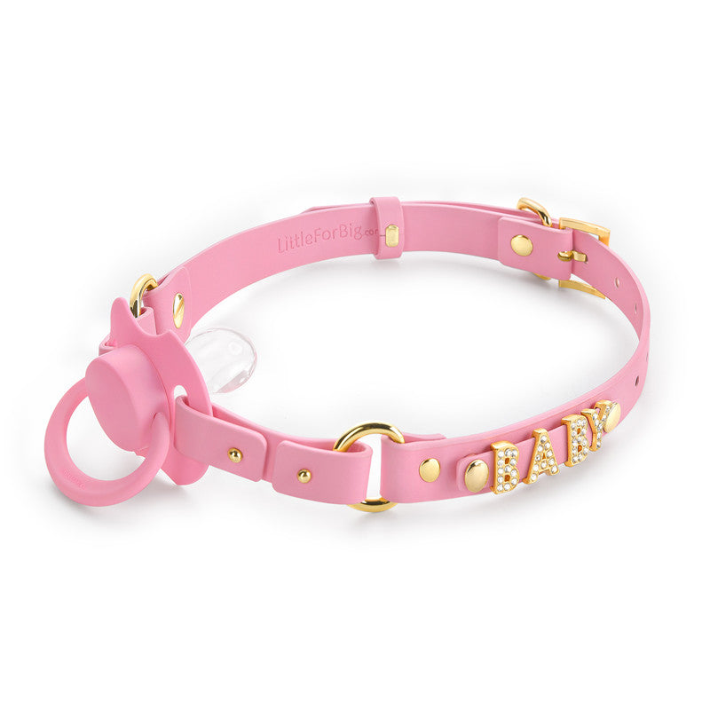 LittleForBig大人用おしゃぶり＆ギャグ2点セット【ベビー・おしゃぶりチョーカー】付け替え可能な「BABY」文字ボダン 調整可能 シリコンニップル DIY可能 ピンク GS002P-B