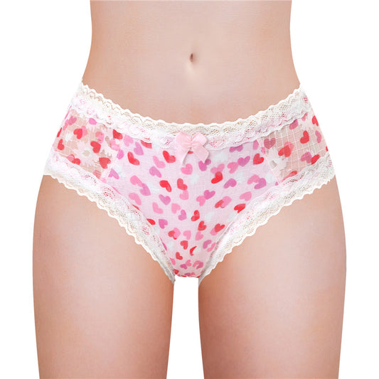 LittleForBigメンズ メッシュパンティー 体型カバー【ロマンチックなハート】レースとリボン飾り ヒップスターブリーフ タッキングガフパンティー 下着 ピンク MUP517P1