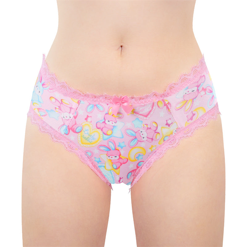 LittleForBigメンズ綿パンティー リボンとレース飾り【おやすみうさぎ】体型カバー タッキングガフパンティー バックのカットアウトとメッシュ ピンク MUP538P