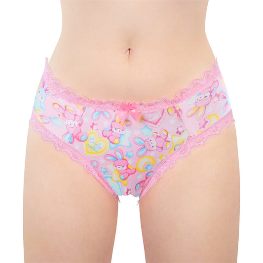 LittleForBigメンズ綿パンティー リボンとレース飾り【おやすみうさぎ】体型カバー タッキングガフパンティー バックのカットアウトとメッシュ ピンク MUP538P