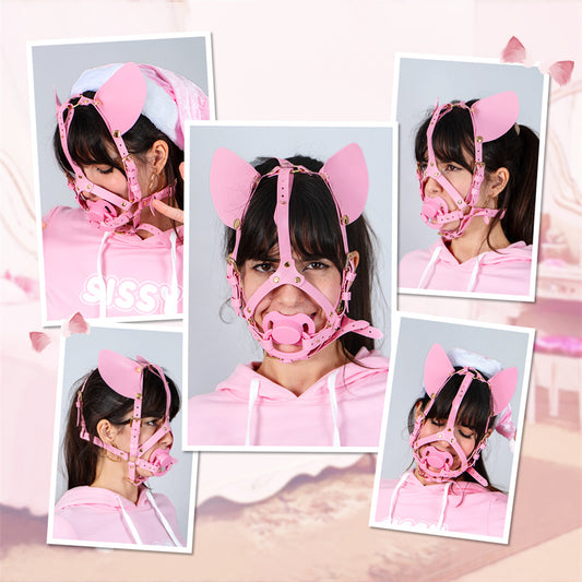 LittleForBig大人用おしゃぶりヘッドハーネス【ふわふわファー】調整可能なレザーストラップ 付け替え&取り外し可能な耳 シリコーンニップル DIY可能 ピンク GS003P