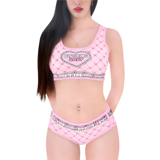 LittleForBigレーディスブラレット2点セット【照れくさいハート柄】格子縞のキャミソールとパンティー Uネック スベスベシルキー触感 フリルプリント ピンク UT269P