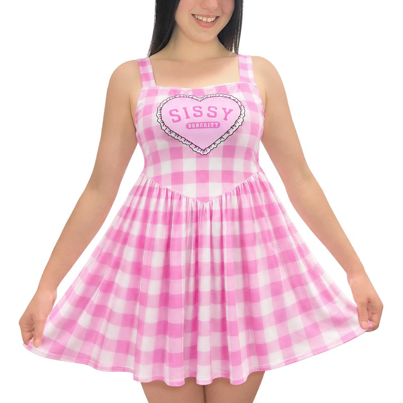 LittleForBigユニセックス スカート シルキーキャミソールドレス【ステップフォード風】格子縞 調節可能なストラップ レースアップリボン バックレス スクエアネック プリーツスカート ピンク M3006P