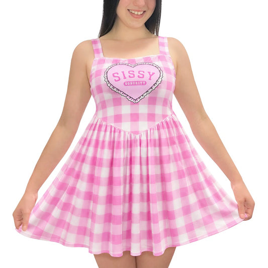 LittleForBigユニセックス スカート シルキーキャミソールドレス【ステップフォード風】格子縞 調節可能なストラップ レースアップリボン バックレス スクエアネック プリーツスカート ピンク M3006P