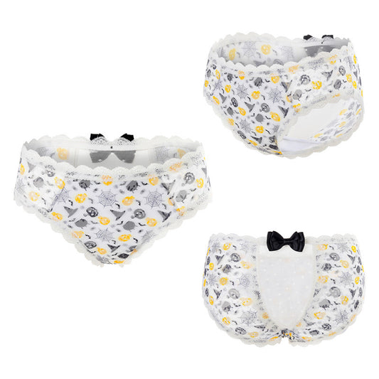 LittleForBigメンズパンティー 体型カバー【スケリー·魔女の帽子·クモの巣柄】ハロウィン風 タッキングガフパンティー ブリーフ バックにメッシュパネルと大きなリボン 白 MUP514W