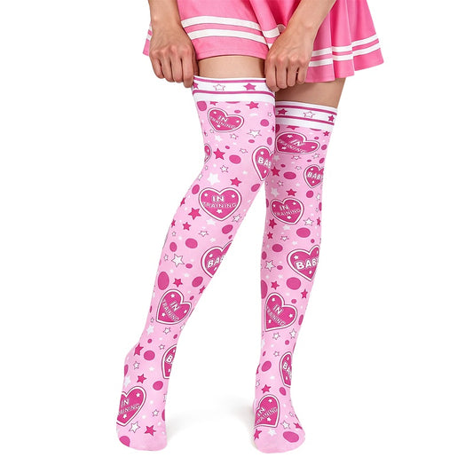 LittleForBigニーハイストッキング オーバーニー【ダブルハート＆星ボーダー】サイハイ 滑り止めシリコーングリップ シームレストゥ 星柄 ハート柄 靴下 シルキーハイソックス ストレッチ 伸縮性 ピンク SL31P