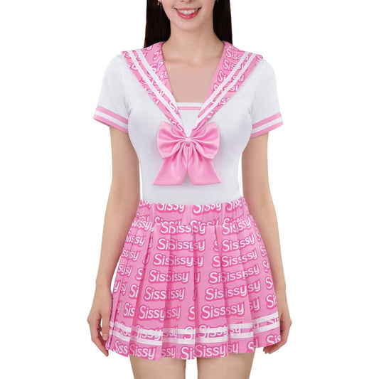 LittleForBigメンズロンパース2点セット プリーツスカート【スクールガール風】 シシー総柄 制服 シルキーパジャマ ボディースーツ リボン飾り ピンク M1029TP