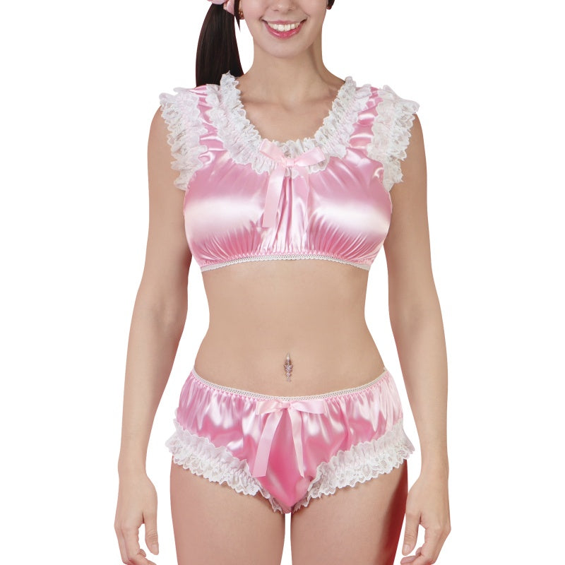 LittleForBigユニセックス ブラレット2点セット【光沢サテン】レースフリルとリボン付き 繻子質感 シルキーキャミソールとパンティー 部屋着 ピンク MUT266P