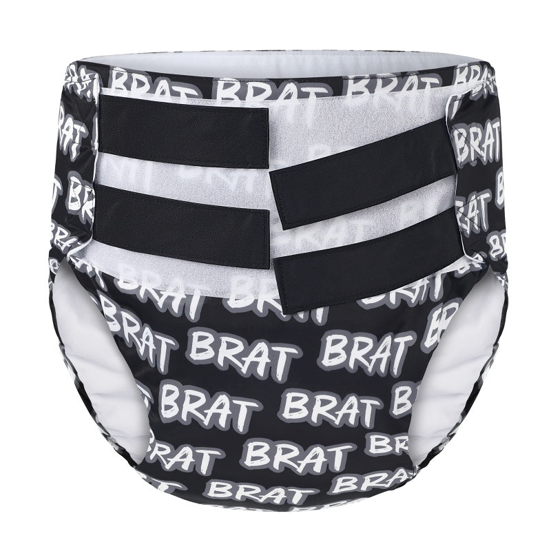 LittleForBig大人用TPU製プルオン式トレーニングパンツ 面ファスナー仕様【BRAT】総柄 ウエスト調節可能 250mL大容量吸収 厚手 大容量吸収コア ぴったりフィット 伸縮性ウエストバンドと裾 黒 DC344H