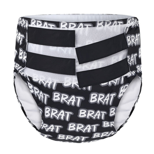 LittleForBig大人用TPU製プルオン式トレーニングパンツ 面ファスナー仕様【BRAT】総柄 ウエスト調節可能 250mL大容量吸収 厚手 大容量吸収コア ぴったりフィット 伸縮性ウエストバンドと裾 黒 DC344H