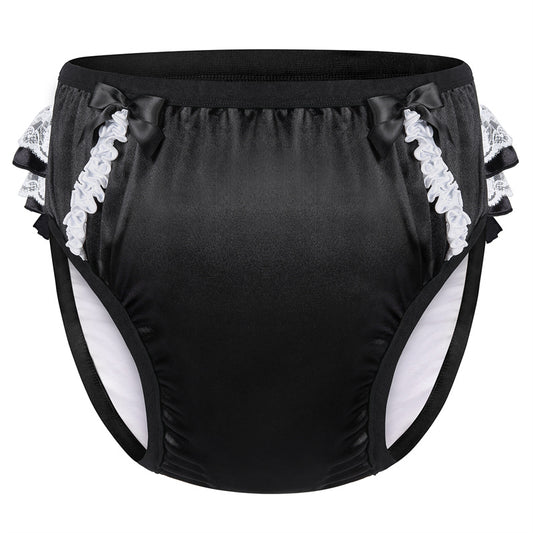 Littleforbig大人単体で使えるトレーニングパンツ 光沢サテン【お姫様スカート】蝶結びとフリル付き 吸収・防漏・通気性 ストレッチウェストで快適 洗濯可 黒 DC302H