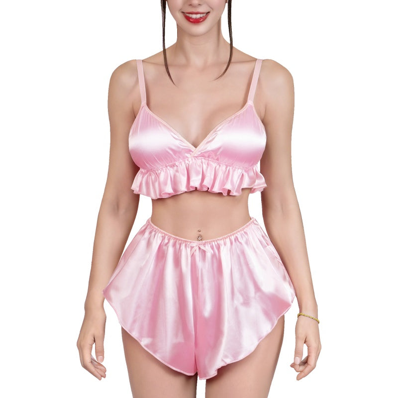 LittleForBigメンズ ブラレット2点セット【フランス風サテン】光沢感 シルキーキャミソールとパンツ フリルランジェリー Vネック 調節可能なホックとストラップ ピンク MUT283P