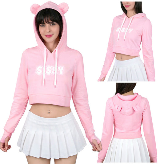 LittleForBigメンズ 綿クロップドフーディー【ゆったりしたベアとシシー】クマの耳付きパーカー 長袖 サムホール ドローストリング レギュラーフィット ピンク MJ613P