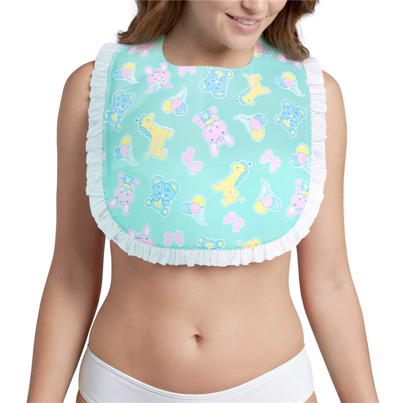 LittleForBig大人ビブ フリル飾りよだれかけ 可愛いエプロン 延長大きめサイズ【シルキー＋防水シート】遊園地柄 大人用スタイ 調整可 緑 B42V