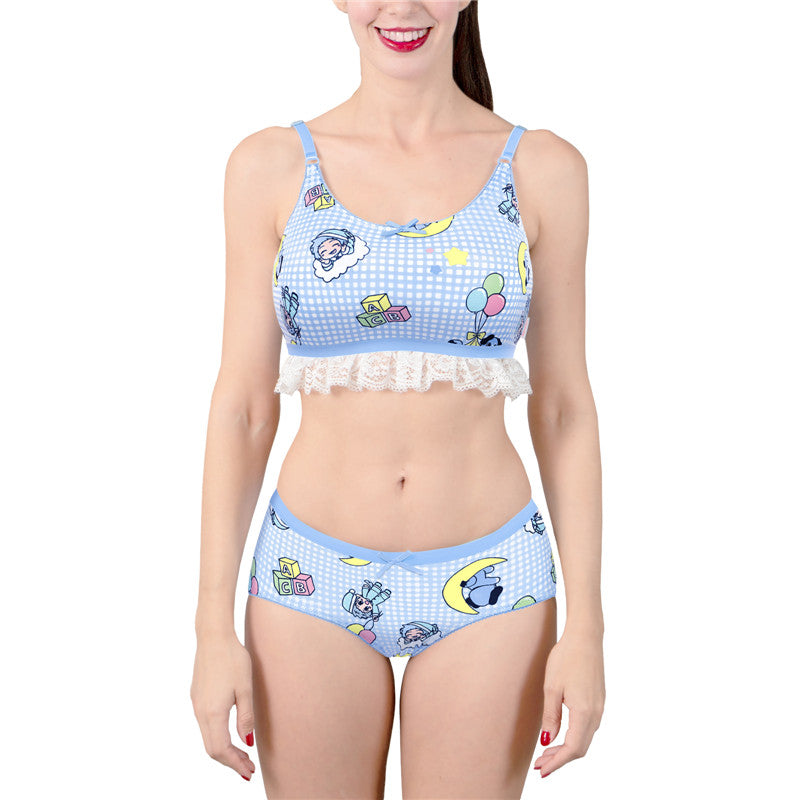 LittleForBigレーディス レース飾りブラレット2点セット【あおちゃん・寝る時間】格子縞キャミソールとパンティー 調整可能なストラップ スベスベシルキー触感 ブルー UT270B