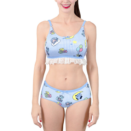 LittleForBigレーディス レース飾りブラレット2点セット【あおちゃん・寝る時間】格子縞キャミソールとパンティー 調整可能なストラップ スベスベシルキー触感 ブルー UT270B