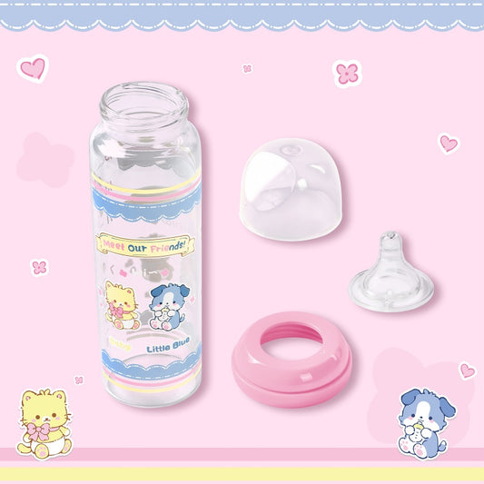 LittleForBig大人用哺乳瓶 大容量450mL ガラス製 哺乳びん【なかよしのお友達】テーマ 防塵蓋付 交換可能なシリコーンニップル 広口設計 BPAフリー 高耐久 X字型の飲み口 持ち運び便利 電子レンジ対応 ピンク BTL11