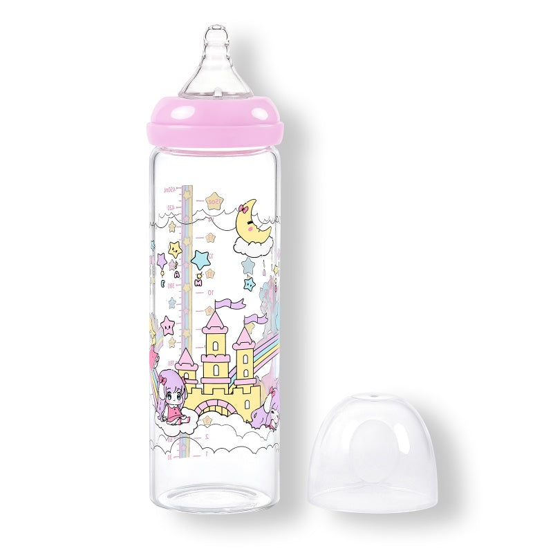 LittleForBig大人用哺乳びん【夢の国の小さな妖精たち】防塵蓋付き 大容量450mL 引き換え可能なシリコーンニップル 大人向けグラス哺乳瓶 ピンク BTL09