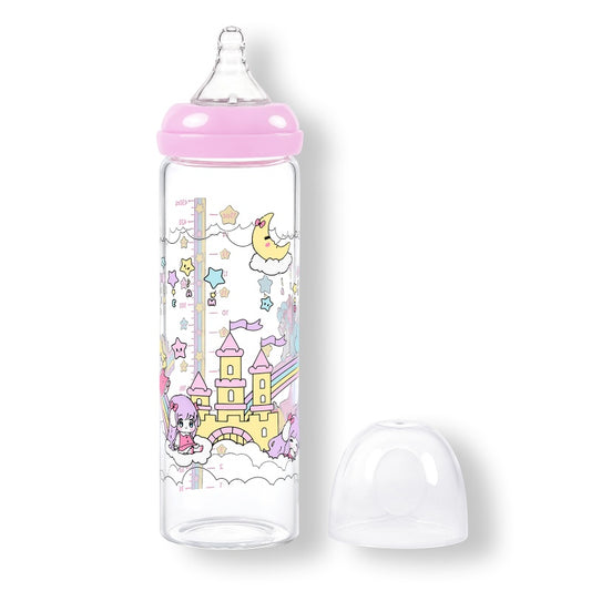 LittleForBig大人用哺乳びん【夢の国の小さな妖精たち】防塵蓋付き 大容量450mL 引き換え可能なシリコーンニップル 大人向けグラス哺乳瓶 ピンク BTL09
