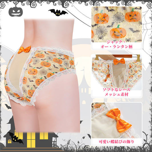 LittleForBigメンズパンティー 体型カバー【カボチャ·コウモリ·クモの巣柄】ハロウィン風 タッキングガフパンティー ブリーフ バックにメッシュパネルと大きなリボン 黄色 MUP514Y