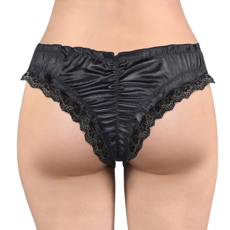 LittleForBigユニセックスパンティー サテン光沢レース素材【ロマンチックなハート型錠】フリル裾デザイン 前リボン装飾 ヒップシャーリングシワ加工 ストレッチウエストゴム 黒 MUP536H