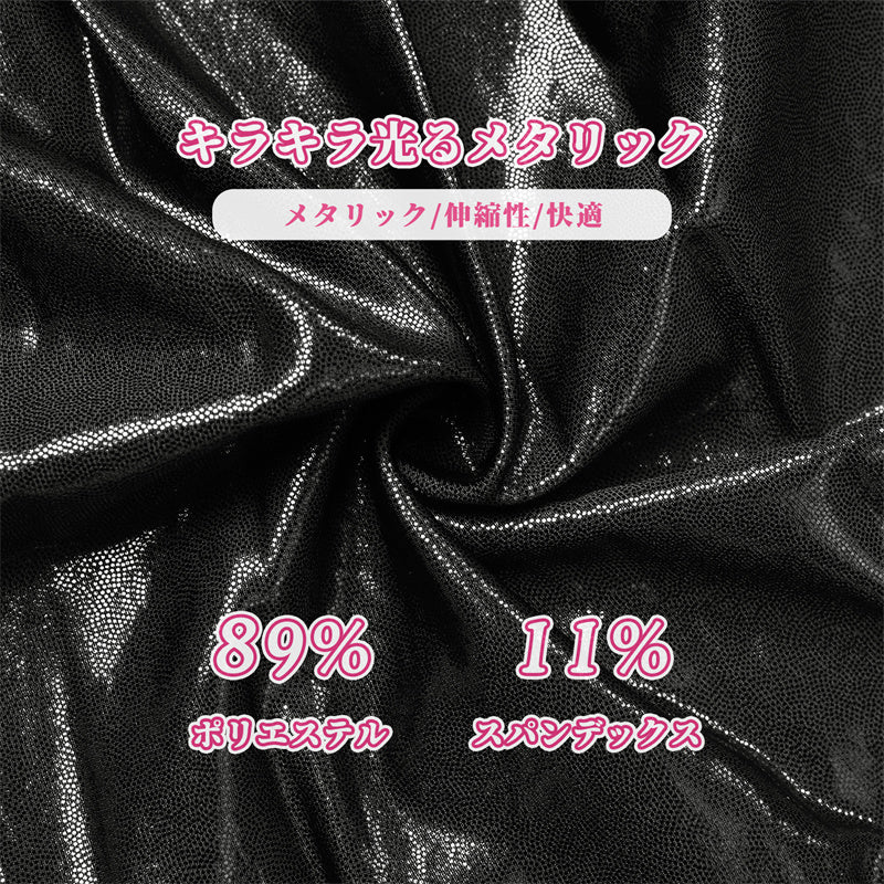 Littleforbig大人 プリーツスカート スパークルメタリック【トラブルメーカー】光沢感 Aラインドレス レース飾りの裾 フェイクストラップ ブラック 348H