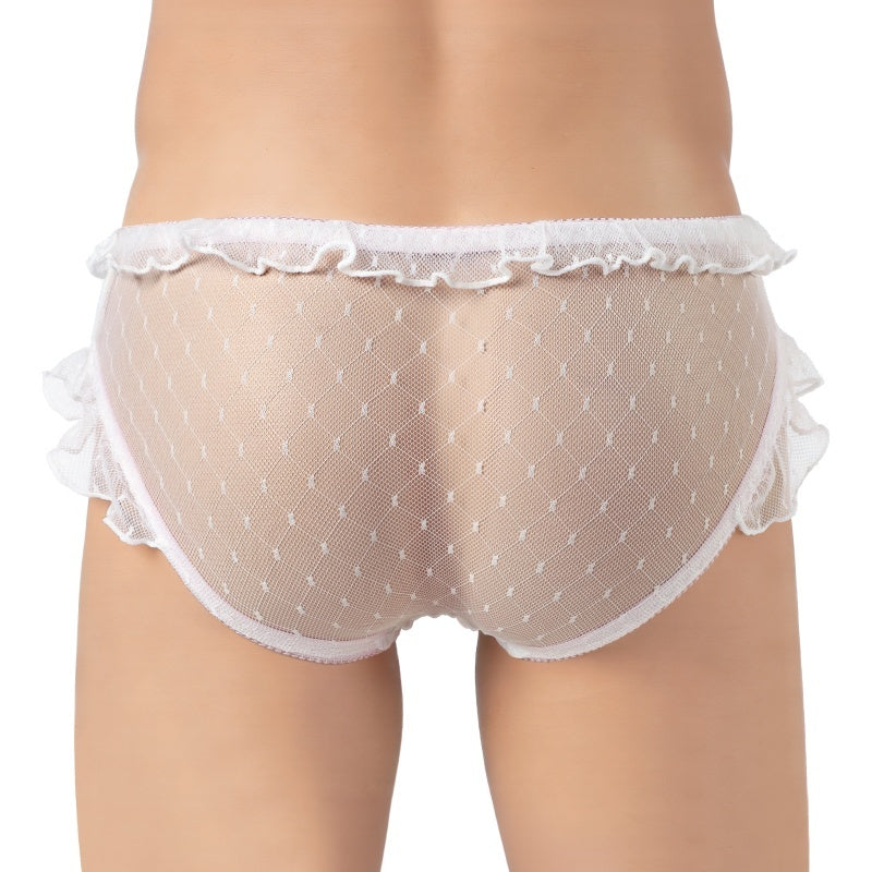 LittleForBigメンズ メッシュパンティー 下着 レースフリルとリボン飾り【ハート柄】キャメルつま先隠し メッシュパネル シェイプアップ シースルー 透け感 通気性 ピンク MUP546P