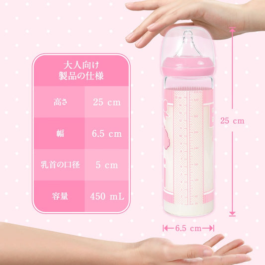 LittleForBig大人用哺乳びん【うさぎちゃん】防塵蓋付き 大容量450mL 引き換え可能なシリコーンニップル 大人向けグラス哺乳瓶 ピンク BTL08