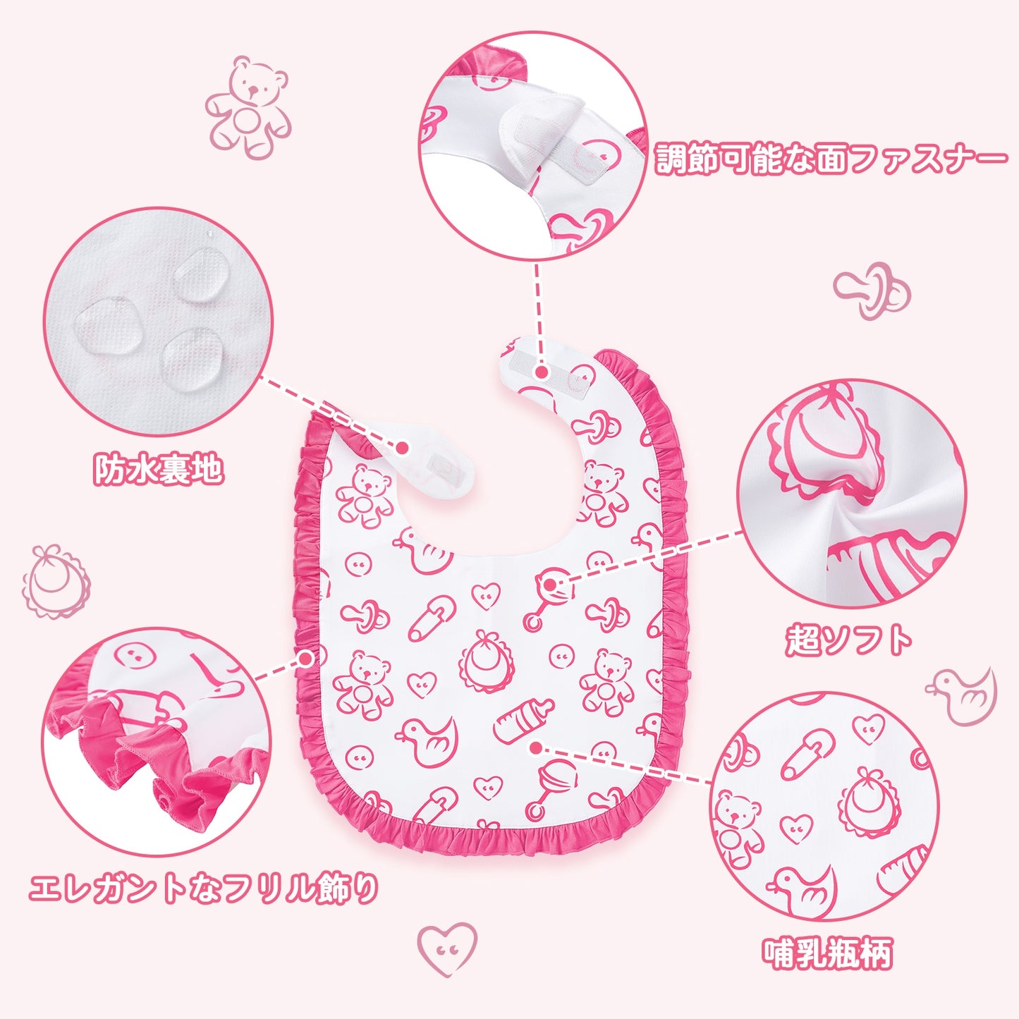 LittleForBig大人用ビブ よだれかけ 大人用スタイ【哺乳瓶柄】大判サイズ 防水 フリル付き 面ファスナー式 調節可能 シルキー触感 広め設計 高いカバー力 やわらか素材 快適フィット ピンク B43P