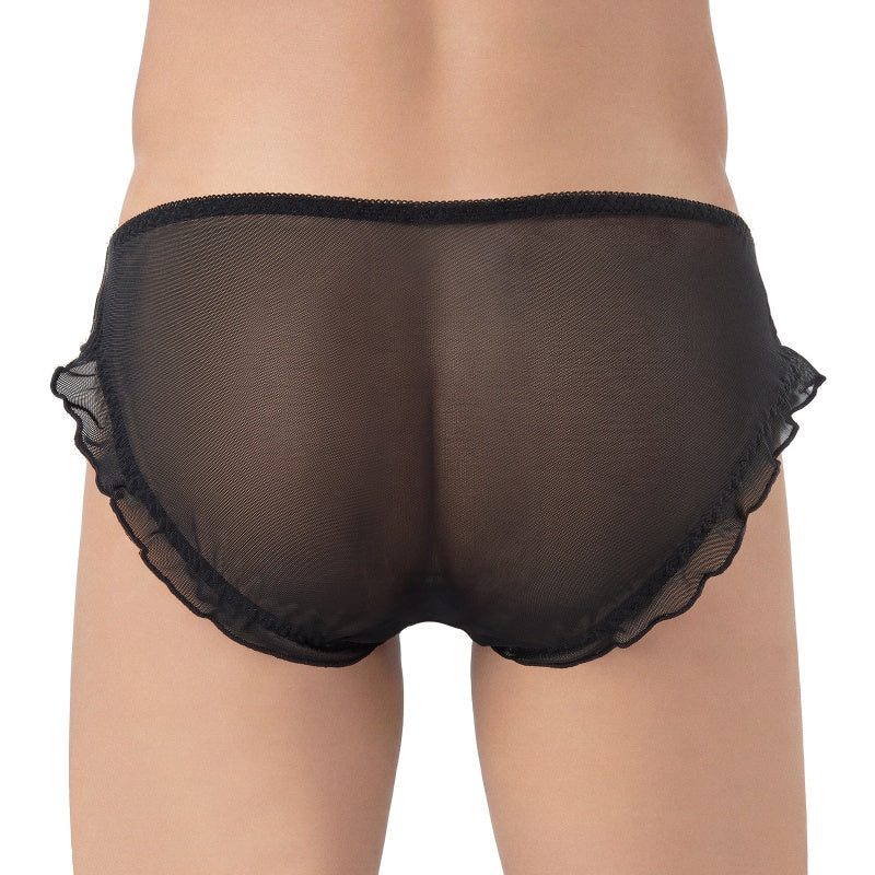 LittleForBigメンズ メッシュパンティー チュール下着 レースフリルとリボン飾り キャメルつま先隠し シースルー ローライズ 透け感 通気性 黒 MUP547H