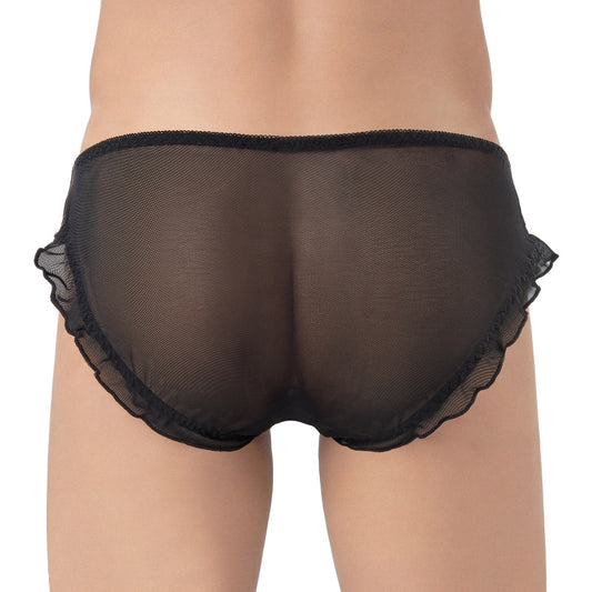 LittleForBigメンズ メッシュパンティー チュール下着 レースフリルとリボン飾り キャメルつま先隠し シースルー ローライズ 透け感 通気性 黒 MUP547H