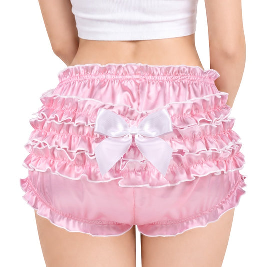LittleForBigサテンフリルブルマパンティー【お姫様風】フリルパンツ リボンと重ねトリム付き 光沢感 シルキー触感 フルカバレッジ仕様 ブロックカラー 伸縮ウエストと裾 ハイウエスト ピンクと白 MUP559PW