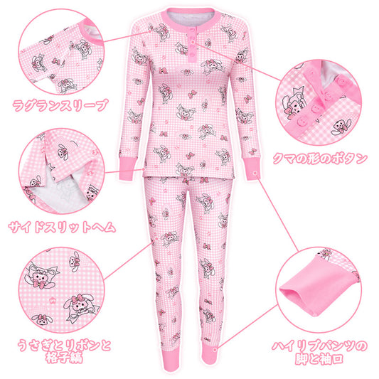 LittleForBig大人シルキーパジャマ2点セット【うさぎとリボン柄】格子縞の長袖とズボン 部屋着 伸縮性 ユニセックス ピンク AT626